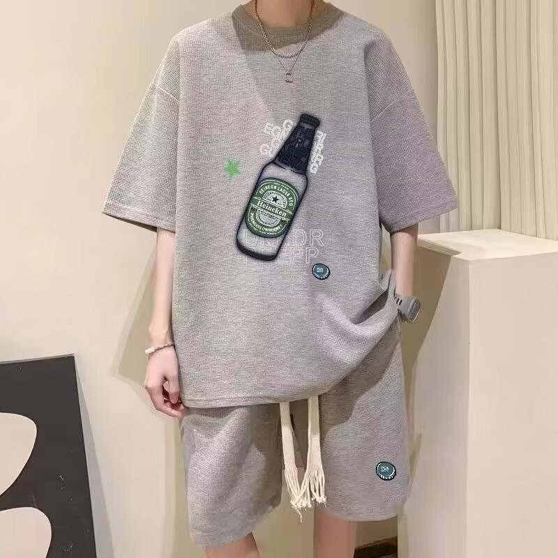 COD 2025 Waffle Ice Silk Sports Set for Men, Stylish Youth Loose Fit Plus Size T-Shirt Summer Short 
