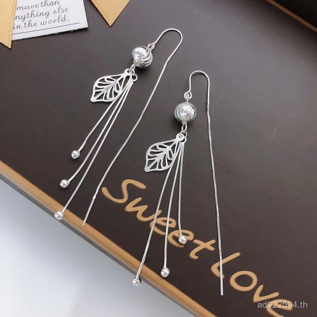 Yinjia 990 ต่างหูเงินแท้ยาว แบบเกาหลีลักษณะใบไม้ แฟชั่น Hollow Anti-Lost YG2R