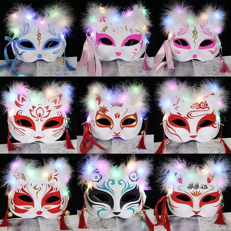 Luminous Feather Fox Mask โบราณญี่ปุ่นครึ่งหน้า Cat Face Mask ฮาโลวีนเด็ก Mask Stall