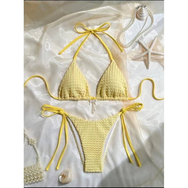 swim girlส่งไวจากไทย bikini sexy ชุดบิกินี่สีเหลือง ทูพีช เว้าหลัง ผูกคอ โบว์ตกแต่ง