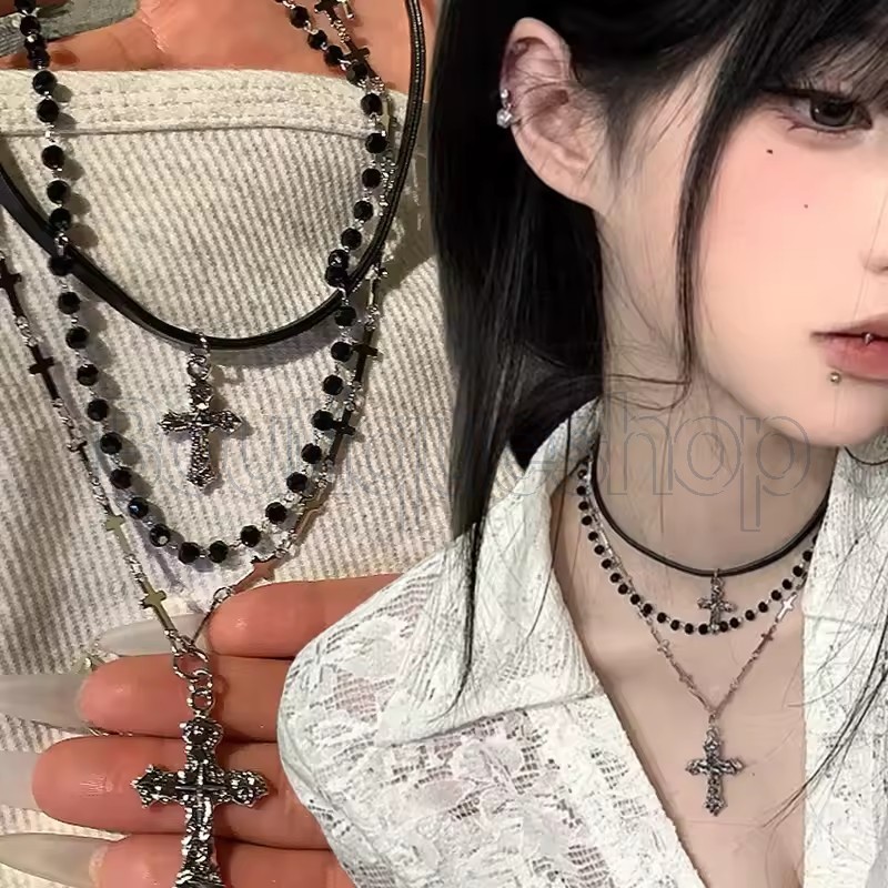 สร้อยคอมากกว่าหนึ่งชั้นจากคริสตัลสีดำ เครื่องประดับสำหรับผู้หญิง สไตล์วินเทจ