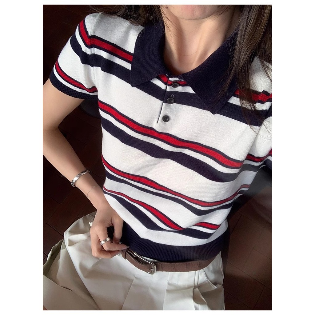 87651 เสื้อยืดแขนสั้นลายทางปกลําลอง