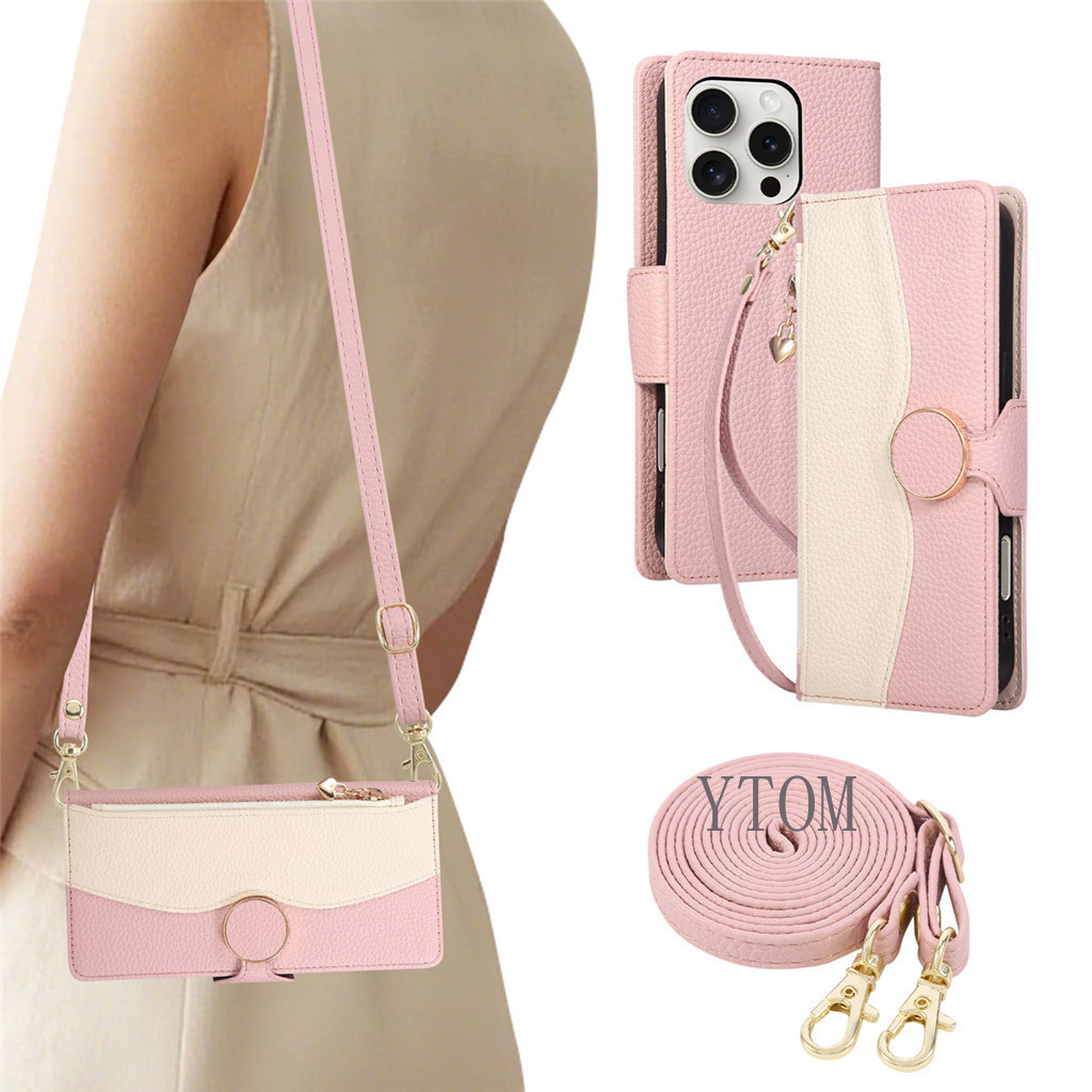 สําหรับ Apple iPhone 13 12 11 Pro Max XR XS Max 6 8 7 Plus Luxury Love Zippe กระเป๋าสตางค์เคสโทรศัพท์เงาหัวเข็มขัด Splice หนังสายยาวฝาครอบ