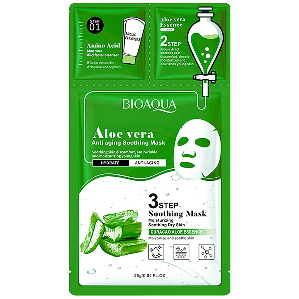 BIOAQUA 3 Step Facial Mask Amino Acid Cleanser Essence Lotion Face Mask 5x(0.8ml+0.8g+25g) (Aloe Ver
