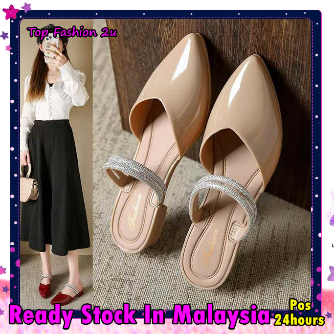 รองเท้าส้นสูงผู้หญิงรองเท้าส้นสูงสายเพชร Mules Sandal Kasut Wanita Dinner Bling Flat Slip On (633)