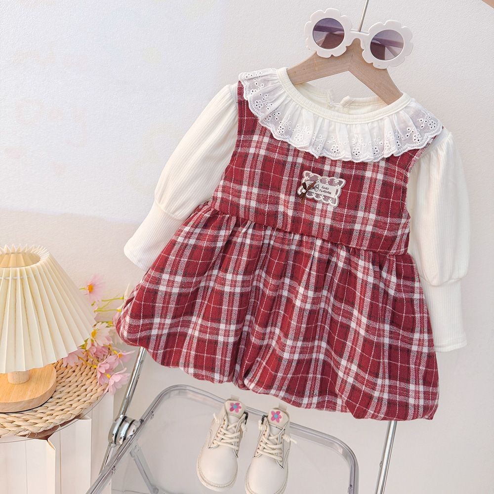 ฤดูกาลโรงเรียนหญิงทารกฤดูใบไม้ร่วงเสื้อผ้าลายสก๊อตแขนยาวฤดูใบไม้ผลิฤดูใบไม้ร่วงสไตล์ใหม่ทารกกระโหลกเจ้าหญิงปลอมสองชิ้นกระโปรงดูดีแฟชั่นเด็ - รูปที่ 4