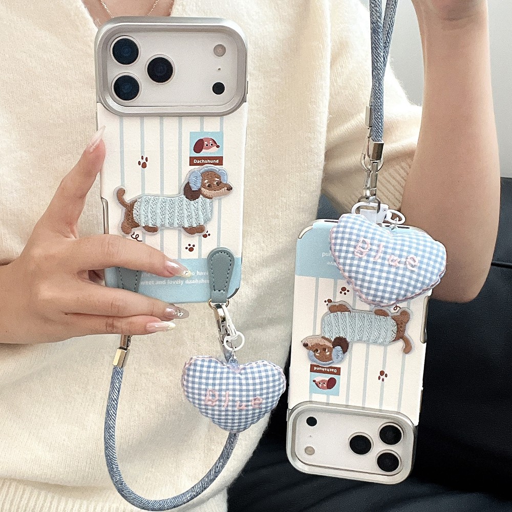หนังปักไส้กรอกสุนัขเหมาะสําหรับ iPhone 17Promax เคสโทรศัพท์ Apple Air/16/15/14/13/12/11 เชือกแขวน