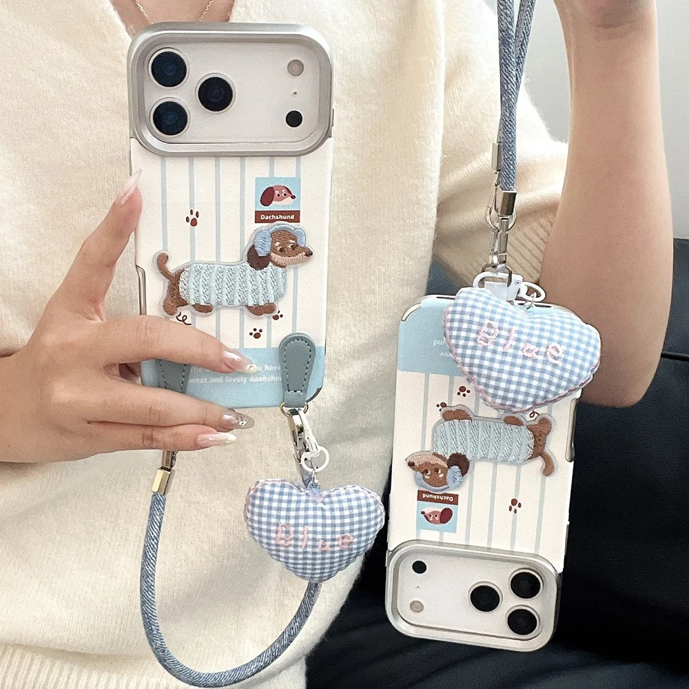 หนังปักไส้กรอกสุนัขเหมาะสําหรับ iPhone 17Promax เคสโทรศัพท์ Apple Air/16/15/14/13/12/11 เชือกแขวน