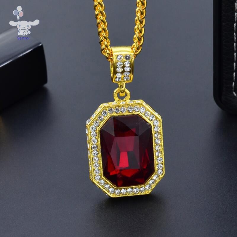 สร้อยคอสไตล์ฮิปฮอปสำหรับผู้ชาย ฝังเพชรและหินสแควร์ทับทิมสีแดง ออกแบบมาในสไตล์วินเทจ