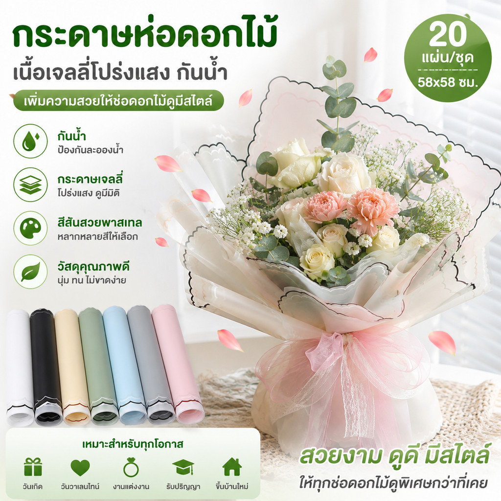 กระดาษห่อดอกไม้ เนื้อเจลลี่โปร่งแสง กระดาษฟลาวด์สีหวาน 20ชิ้น กันน้ํา 58ซม ฟิล์มเจลลี่ สําหรับตกแต่งปาร์ตี้ วันวาเลนไทน์