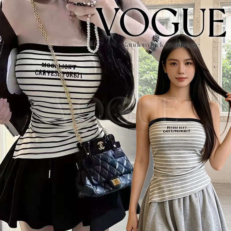 Vogue🌟พร้อมส่ง🌟 เสื้อเกาะอกลายทางปลายเชียง มีฟองน้ำในตัวผ้านิ่มใส่สบาย สไตล์เกาหลี (FY1521)