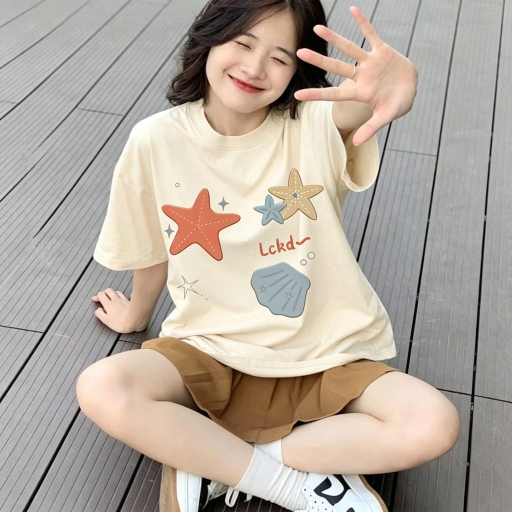 TeeTwoOneเสื้อผ้าผู้หญิงแฟชั่นน่ารักoversize เสื้อแฟชั่น เกาหลี โคตรนุ่ม ผ้าคอตตอน ลาย "Starfish shell" สินค้าใหม่ 【COD】