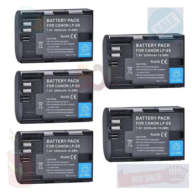 5pcs 2650mAh LP-E6 LP-E6N LPE6 LP E6 แบตเตอรี่สําหรับ Canon EOS R R5 R6 5DS R 5D Mark II 3 5D Mark I