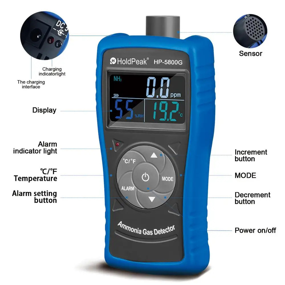 การออกแบบที่ปรับได้ Holdpeak HP-5800G Handheld Digital LCD Gas Analyzer Tester 0 ~ 100 PPM Ammonia L
