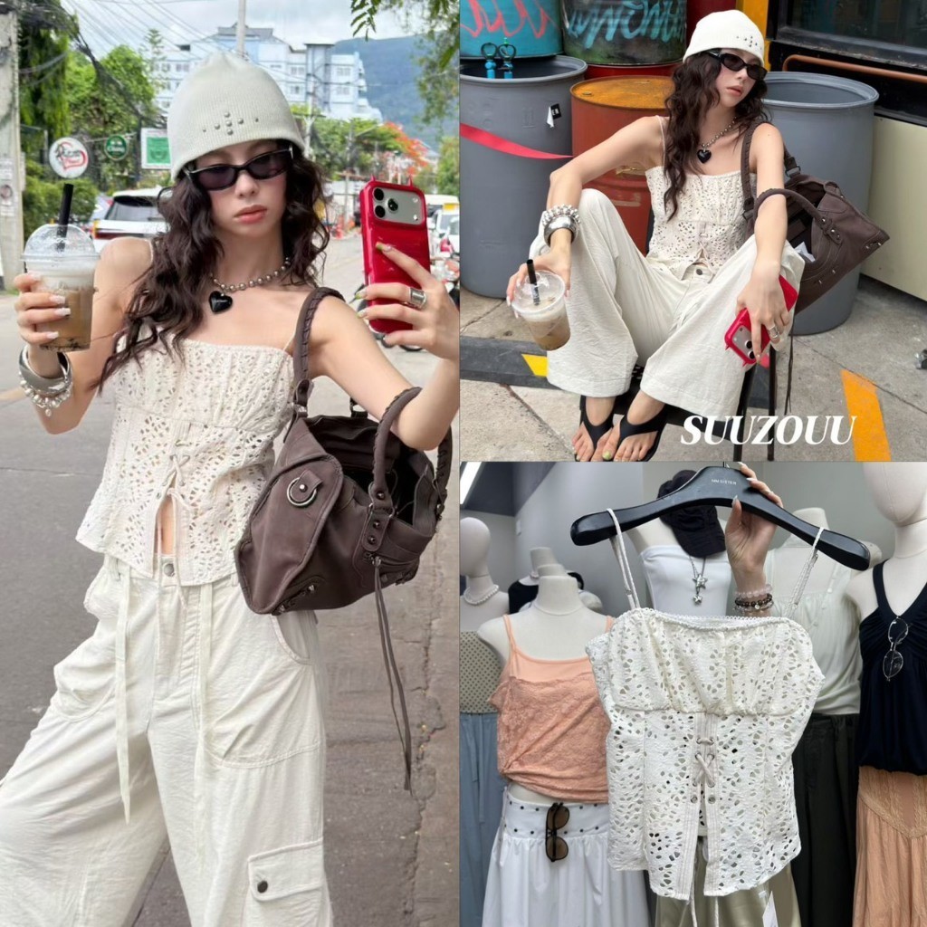 ❤ 🧵 🇰🇷 SU376 เสื้อสายเดี่ยว ผ้าลายฉลุ แต่งเชือกร้อยด้านหน้า สายปรับได้ งานน่ารักมากๆค่า แฟชั่นเกาหลี TAG MM Fish ✈