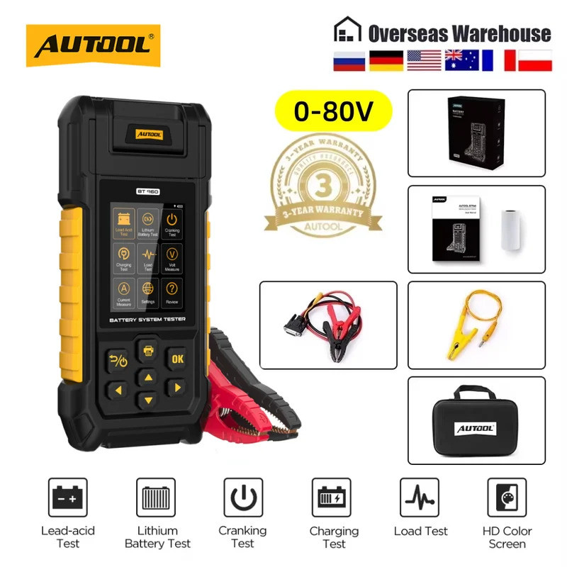 AUTOOL BT960 0-80V รถ Moto เครื่องทดสอบแบตเตอรี่ลิเธียมทดสอบตะกั่วกรดเครื่องวิเคราะห์แบตเตอรี่พร้อมเ