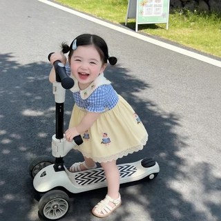 เด็กฤดูร้อนชุดลูกไม้ตุ๊กตาปกสีฟ้าสดลายสก๊อตแขนสั้นชุดเจ้าหญิงเด็กสาวชุด
