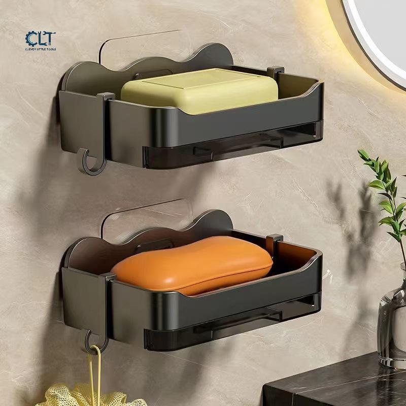 Ccle จานใส่สบู่ในห้องน้ำแบบเจาะรูติดผนังสติกเกอร์ที่วางสบู่ฟองน้ำที่จัดระเบียบจานระบายน้ำสองชั้นพร้อมตะขออุปกรณ์เสริม