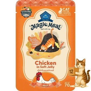 (ยกโหล 12 ซอง) Buzz Magic Meal เปียก บัซซ์ เปียกแมว มีหลายสูตร ไก่ ปลา เกรวี่ เจลลี่ ขนาด 70 กรัม