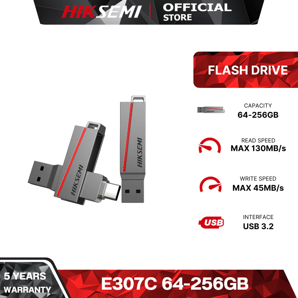 HIKSEMI FLASH DRIVE (แฟลชไดรฟ์) E307C 64-256GB USB 3.2 (GREY) WARRANTY 5 YEAR