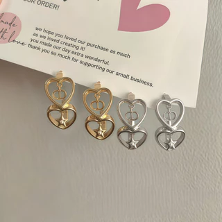 เกาหลี Double Heart CD Star Pearl Hoop ต่างหู Elegant Gold Hollow Love ต่างหู Minimalist แฟชั่นเครื่องประดับ