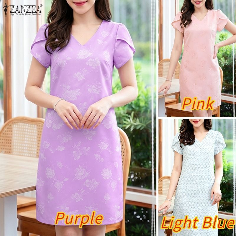 ZANZEA ชุดเดรสชิ้นเดียวคอกลมผู้หญิงหรูหราเกาหลีพิมพ์ลาย A-Line — صورة 3