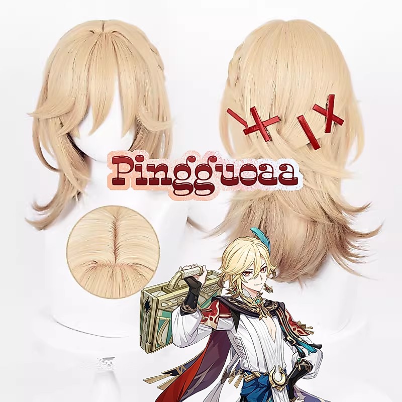 Genshin Impact Kaveh Cosplay Wig 50cm Long Braided Linen Golden Hair Heat Resistant Synthetic Wigs