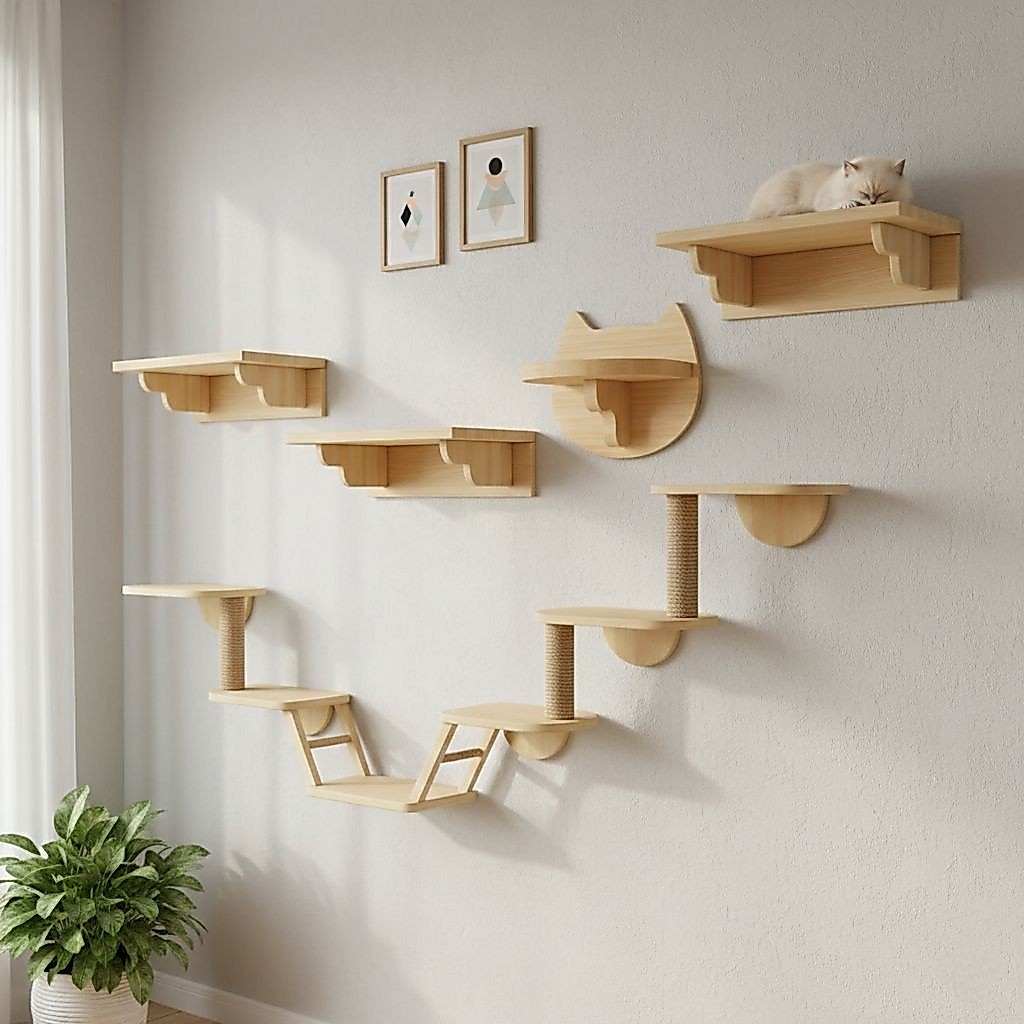 Cat wall (ขายแยกชิ้น)โครงไม้ติดผนัง DIY ไม้สนธรรมชาติสำหรับแมว เฟอร์ตกแต่งบ้าน (บันได2-3ระดับ, แท่นพัก)