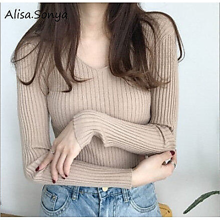 Alisa.Sonya เสื้อกันหนาวแขนยาวผู้หญิงสไตล์เกาหลี คอวี ทรงฟิต เนื้อผ้าถักบาง