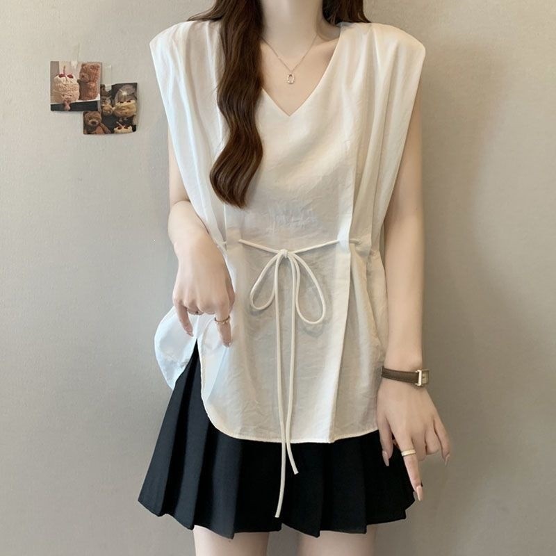 ฤดูร้อนไขมัน mmV คอสไตล์ใหม่สีทึบ ผอมลง ดูเอวแคบขนาดใหญ่อินเทรนด์ 2025 เสื้อกั๊กสวมใส่ด้านนอกแขนกุดเ