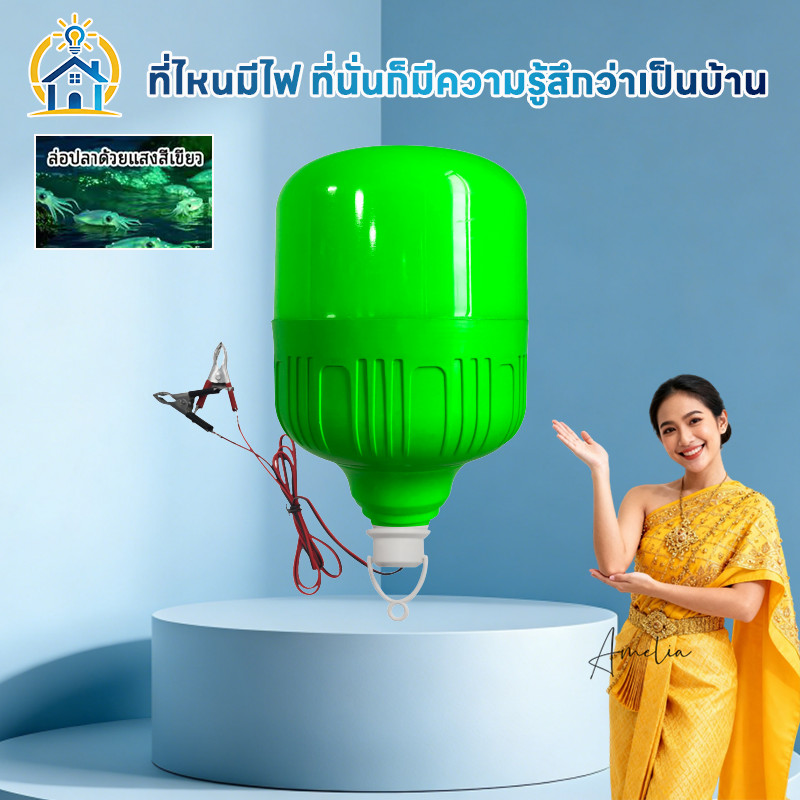 ไฟตกหมึก LED 800W DC12V คีบแบต แสงสีเขียว สว่างสูง ติดตั้งง่าย ใช้ตกปลากลางแจ้ง