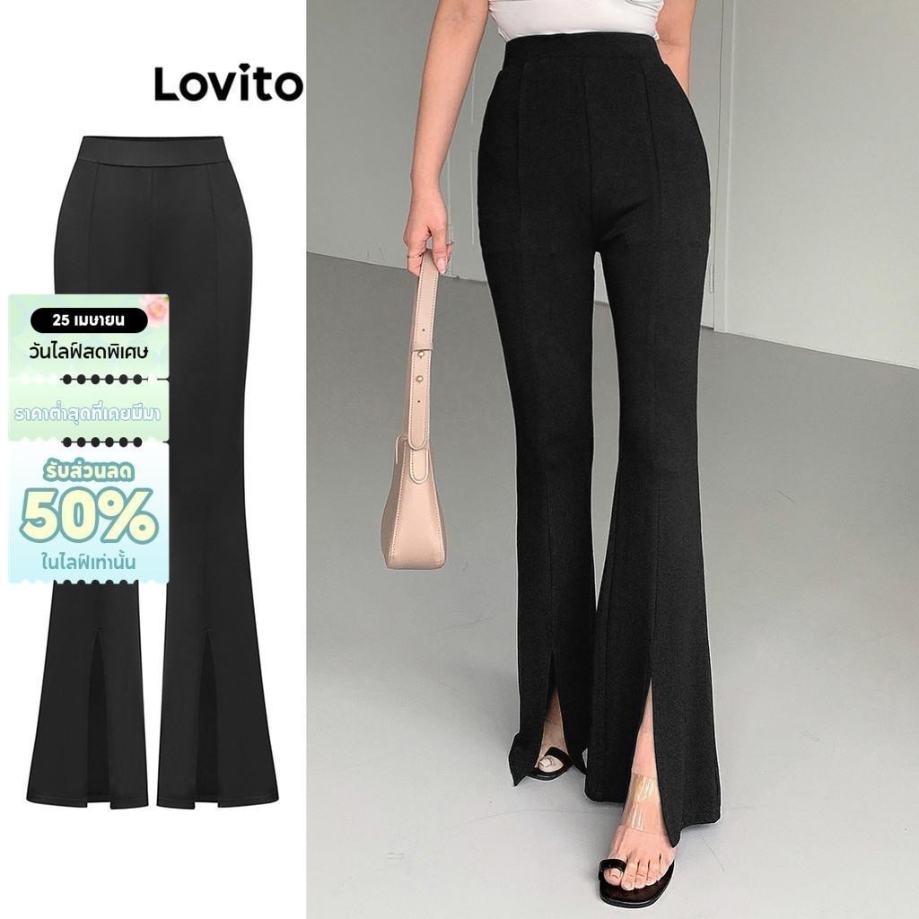 Lovito สง่างาม กางเกงหรูหรากางเกงด้านหน้าแยกธรรมดาสําหรับผู้หญิง L95ED030