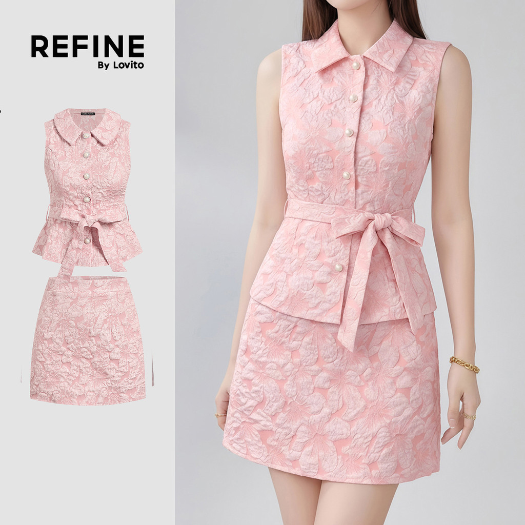 (Refine by Lovito) เสื้อหรือกางเกงทรงสวยหรู สำหรับงานแต่งงาน งานรับปริญญา ลายจาการ์ด ติดกระดุมด้านหน้า มีเข็มขัด สีชมพู สำหรับฤดูใบไม้ผลิ/ฤดูร้อน สำหรับผู้หญิง LBL32084