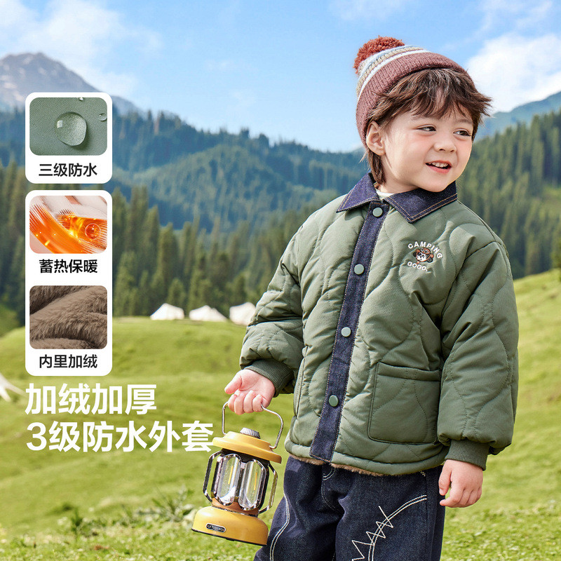 Boys Fleece-Fleece-Fleece Cotton-Padded Jacket Denim Stitching Shirt Cotton @