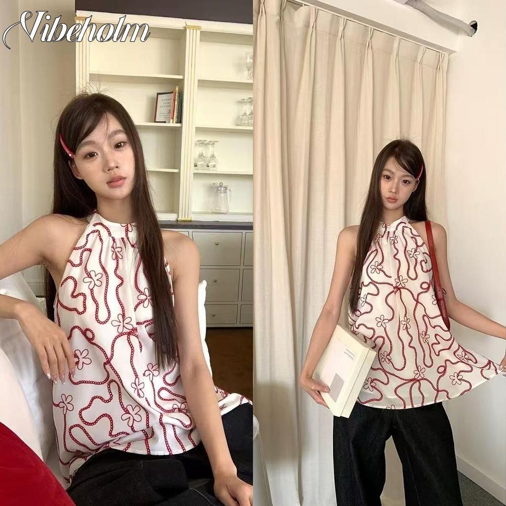 เสื้อกั๊กพิมพ์ลายแฟชั่นเฉพาะเน็คไท เหมาะสําหรับผู้หญิง.สไตล์วันหยุดฤดูร้อนทรงหลวมเสื้อแขนกุดลายดอกไม้ปกจีนสายคล้องไหล่เดียวสุภาพสตรีลูกไม้สไตล์โมเดิ