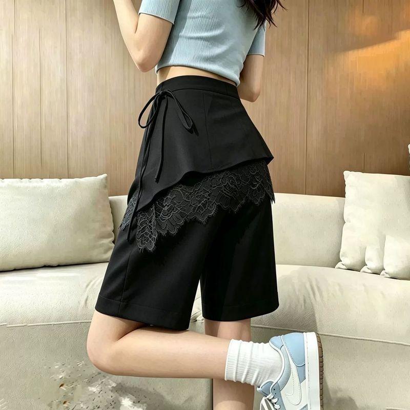 【มาใหม่】กางเกงขาสั้นยาวเลยเข่าลูกไม้สีดำ เอวสูง ใส่แล้วผอม ใส่ได้ทุกวัน