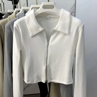 เสื้อครอปคอปกโปโล ซิปคู่ สไตล์เกาหลี สําหรับผู้หญิง สีพื้น แขนยาว เสื้อยืดพื้นฐาน