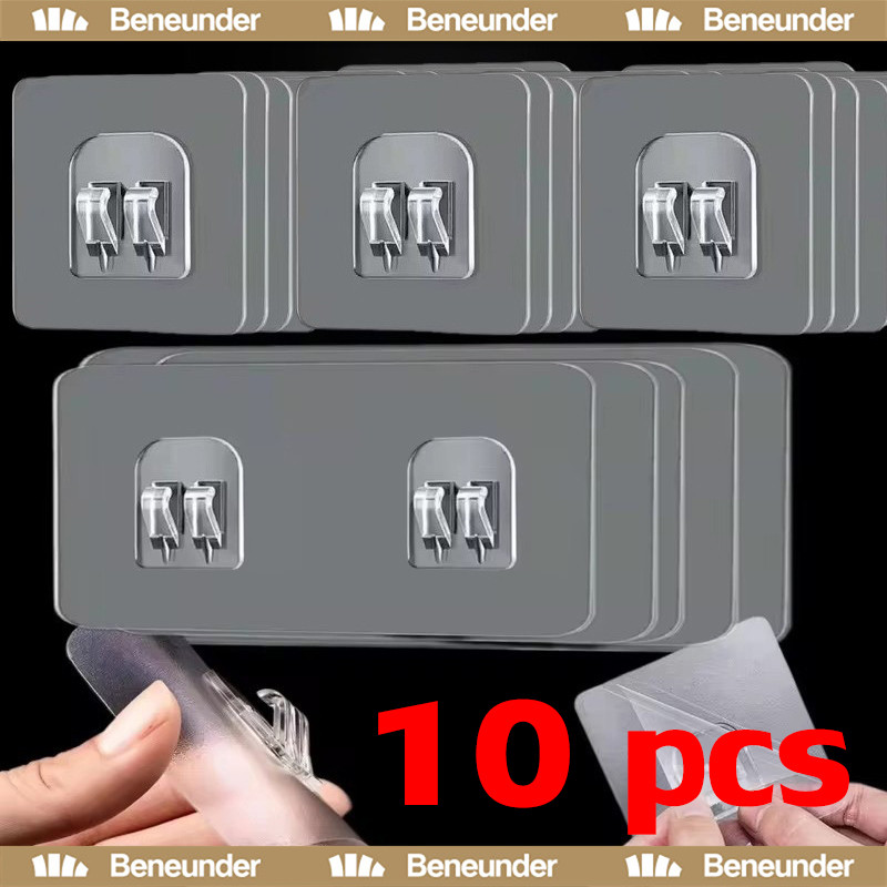 10 ชิ้น ตะขอติดผนังกาวสองหน้า / ตะขอแขวนชั้นวางแบบใส มีกาวในตัวที่แข็งแรง / ตะขอแขวนเก็บของติดผนังไร้รอยกาว