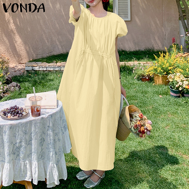 VONDA ชุดเดรสสำหรับผู้หญิง ดีไซน์เกาหลี คอพัฟและสายคล้องเอว สไตล์ girlish สวมใส่ง่าย - รูปที่ 4