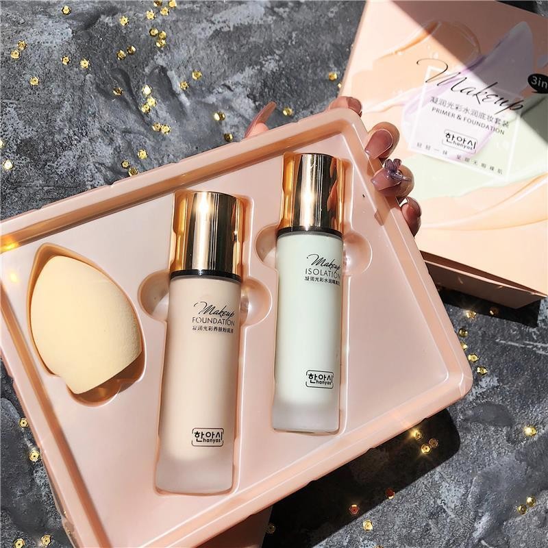Li Jiaqi แนะนํา Han Yashi Makeup Set Liquid Foundation I#李佳琦推荐韩雅诗彩妆套装粉底液隔离遮瑕保湿持久bb霜油皮持妆女4444