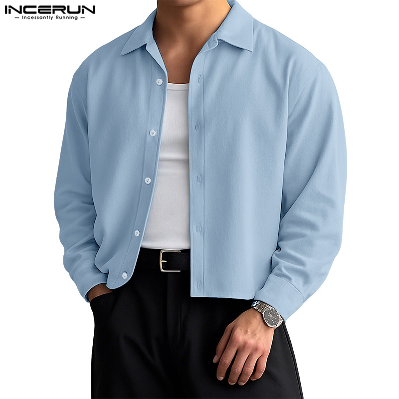 INCERUN เสื้อเชิ้ตผู้ชายสไตล์เกาหลีสำหรับการทำงาน กระดุมปิด แขนยาว คอพับแบบสไลด์