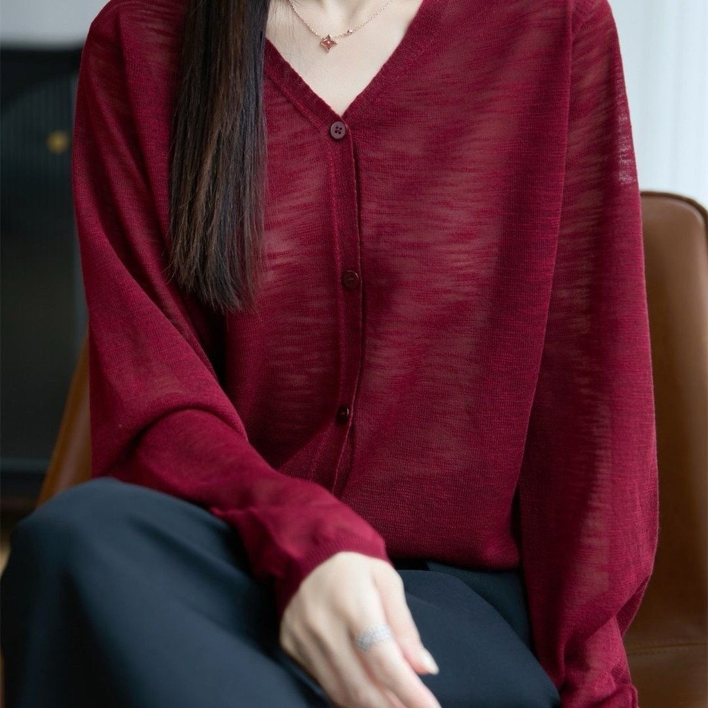 XUWEN2509 Seckill 100% ถอน [Mulberry Silk Tencel] เสื้อถักแขนยาวฤดูร้อนสีทึบเสื้อหลวมด้านบน