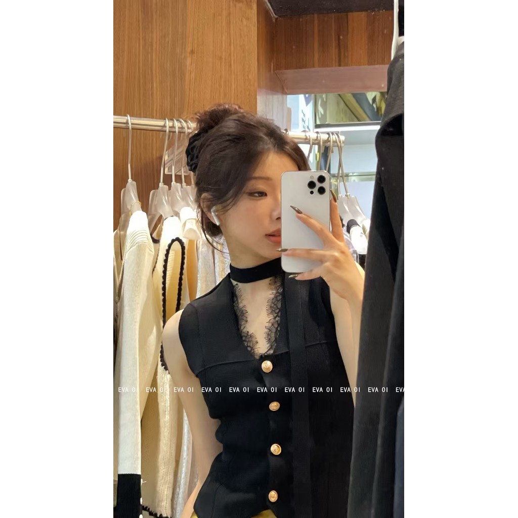 EVA OI Original Design Sense ฤดูร้อน High-End Minimalist ลูกไม้ Trim ถักเสื้อกั๊ก V คอ Slimmer ดูแคบ