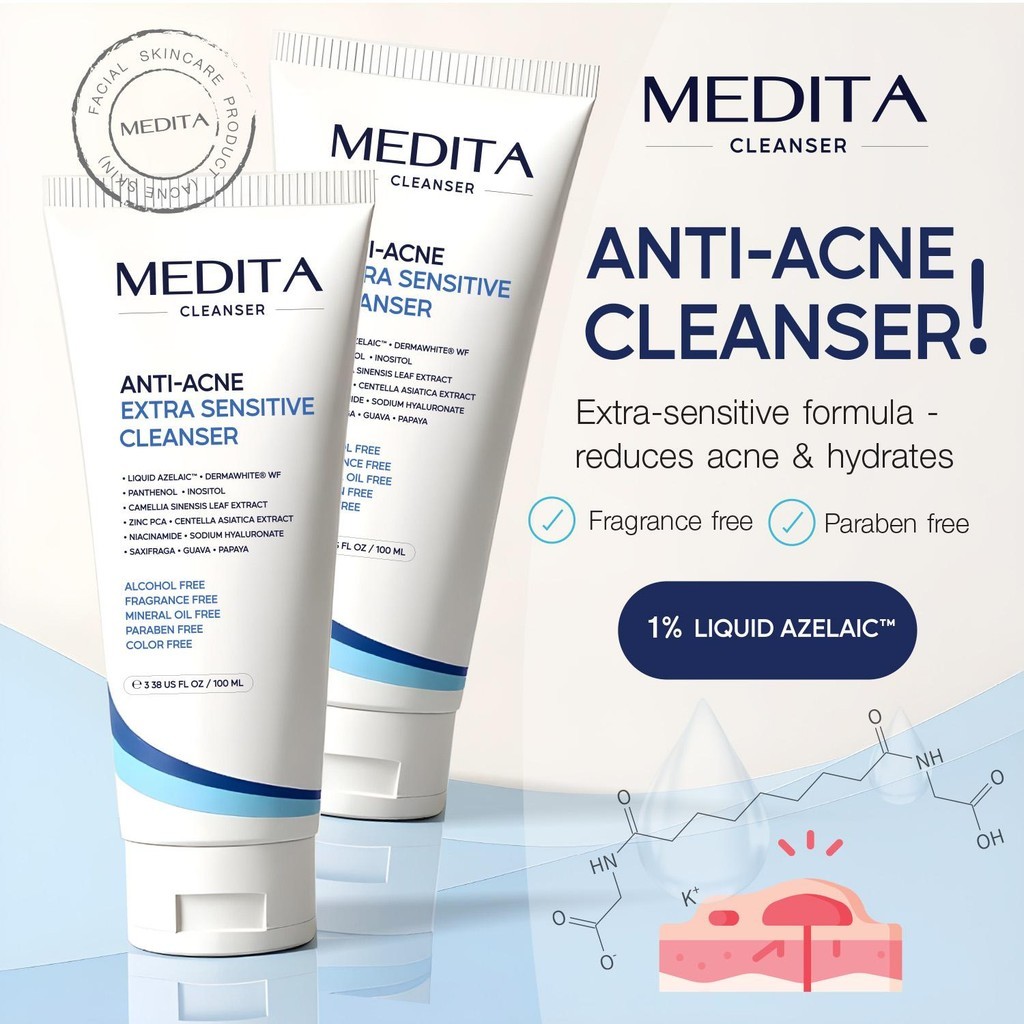 [ 2 หลอด] MEDITA เจลล้างหน้าสูตรอ่อนโยน ANTI-ACNE EXTRA SENSITIVE CLEANSER 100ml