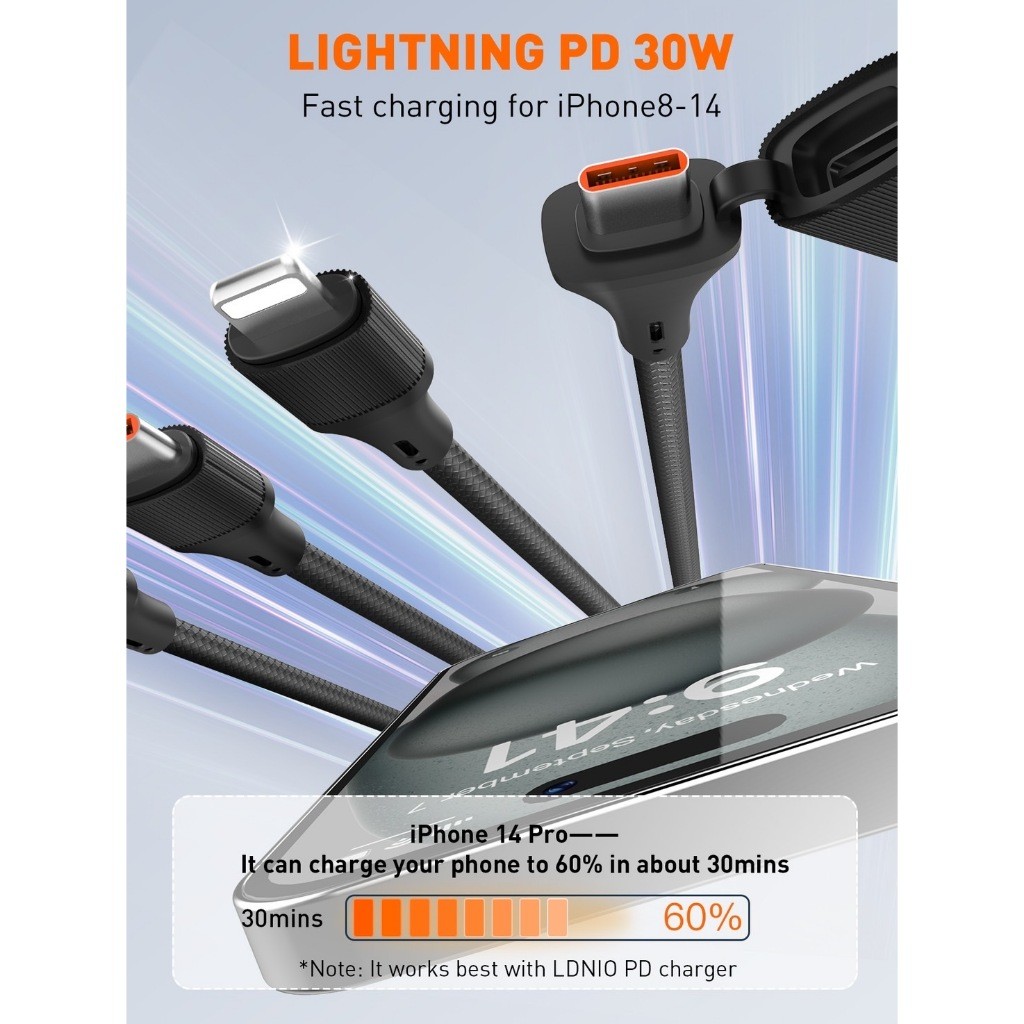 LDNIO สายชาร์ท3in1 100W รองรับโทรศัพท์ มือถือ ทับเล็ต โน้ตบุ๊ค สายยาว 1.2 เมตร