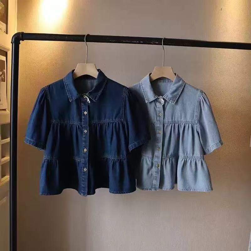 เสื้อยีนส์บางๆ แขนสั้น สไตล์เกาหลี สำหรับผู้หญิง