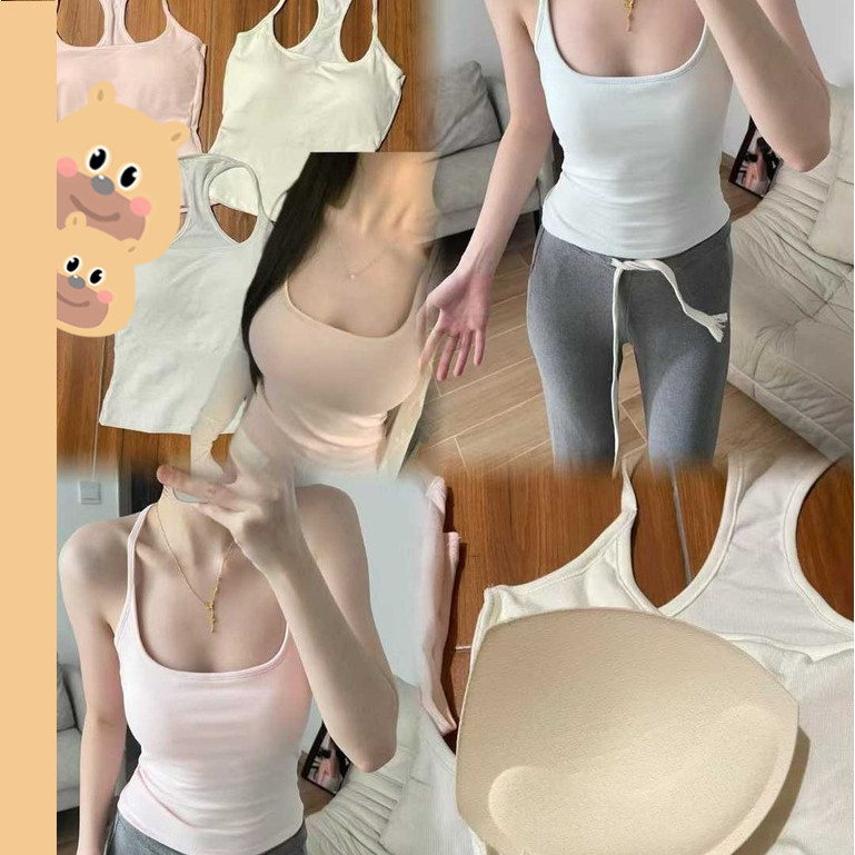 🎀bearbra🎀เสื้อกั๊กสตรี เสื้อกั๊กครอปทรงเข้ารูป เซ็กซี่ เสื้อกล้ามผู้หญิง เบสิก สีพื้น สไตล์ลำลอง หลากสี เสื้อสายเดี่ยวแฟชั่น เสื้อส พร้อมแผ่นเสริม