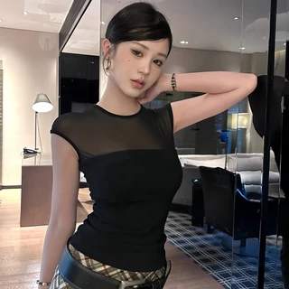 SultrySia สไตล์ลำลอง เซ็กซี่ เสื้อเซ็กซี่ เสื้อยืดแขนสั้น ดีเทลแต่งซีทรูด้านบนน่ารักมาก สีสดใส ยืดพอดี "FY1040"
