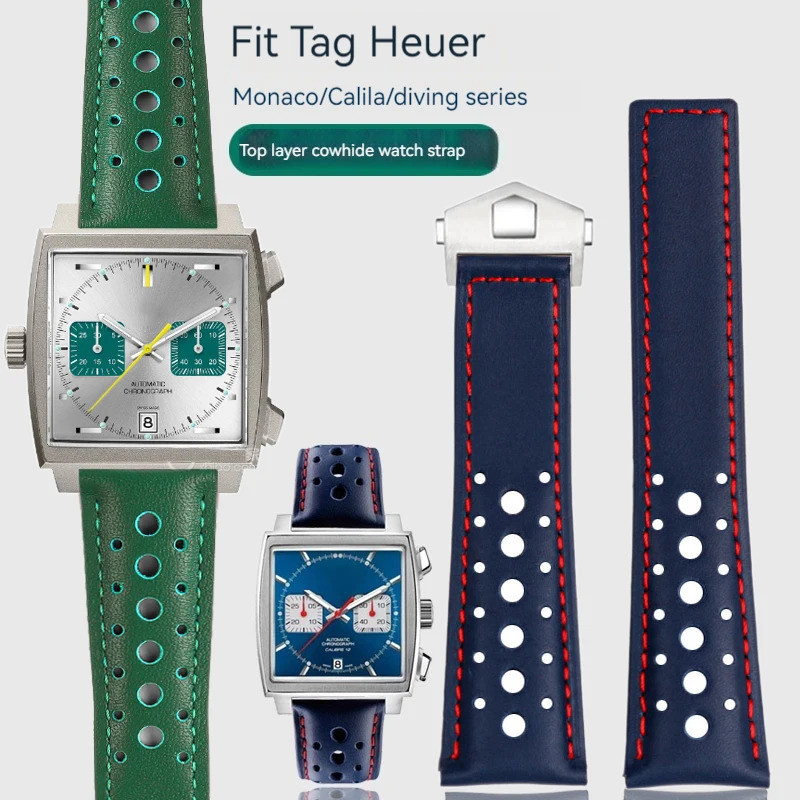 สําหรับ TAG Heuer Monaco Watchband CAW218E CBL2115 WBP208B breathable 22 มม.Cowhide bandผู้ชายพับหัว