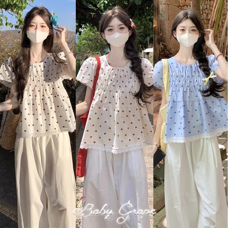 BG เสื้อยืดแขนสั้นลายจุด คอกลม ทรงหลวม ผ้าเนื้อนุ่ม ใส่สบาย สไตล์หวานๆ สบายๆ จัดส่งจากไทย W646